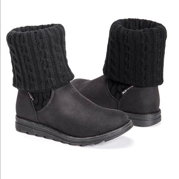 Muk Luks Shoes - Muk Luks Kelby Black Knit Cuff Faux Suede Cozy Fold-Over Ankle Boots Size 8